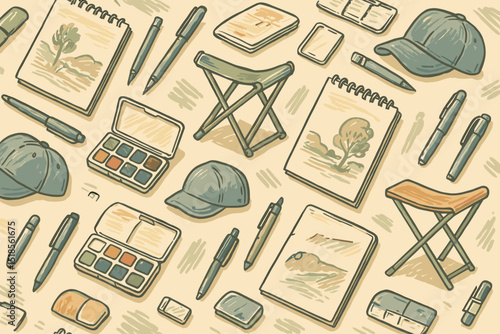 Art supplies arranged on a neutral background showcasing various tools for drawing and painting outdoors