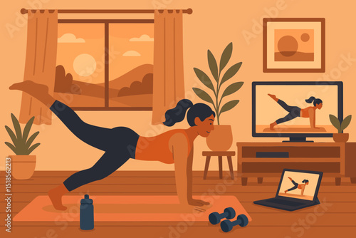 Home workout session featuring a woman exercising with equipment in a cozy living room at sunset