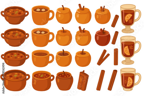 Warm comfort food and drinks in autumn hues featuring soups, spiced apples, and mulled beverages