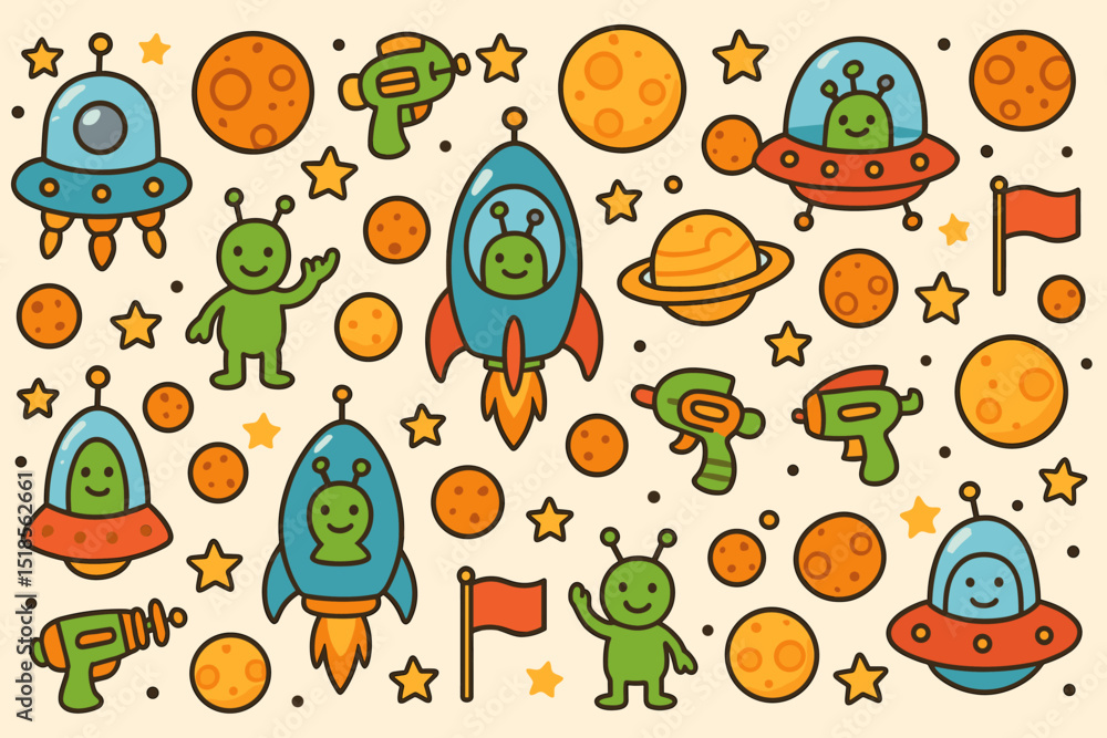 Colorful alien and spaceship illustrations with planets, stars, and rockets in a playful design setting Colorful alien and spaceship illustrations with planets, stars, and rockets in a playful design setting