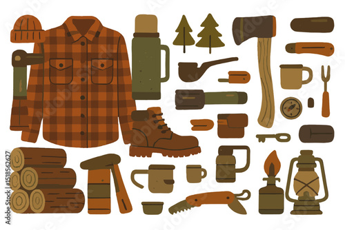 Collection of camping gear and outdoor essentials arranged artistically for adventure preparation