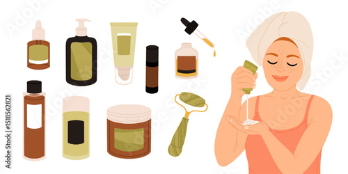 Woman applying cleansing and moisturizing face skincare products at home. Everyday skin care routine with cleanser and moisturizer. Colored flat graphic vector illustration isolated on white