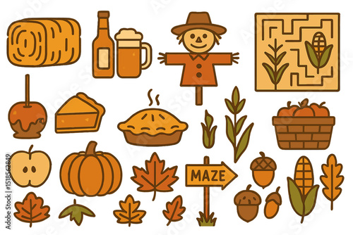 Autumn harvest festival decorations with pumpkins, cider, and a maze in a lively fall arrangement