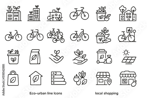 Urban sustainability icons representing eco-friendly activities and local shopping initiatives