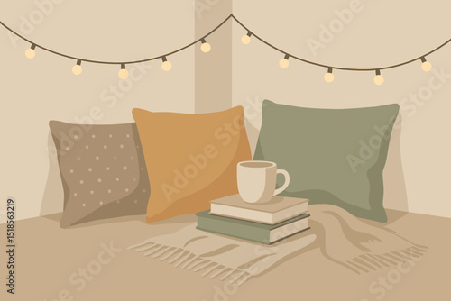 Cozy reading nook with soft pillows, warm blanket, and books illuminated by string lights