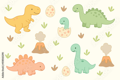 Playful dinosaurs exploring a prehistoric landscape with eggs and volcanic activity in bright colors