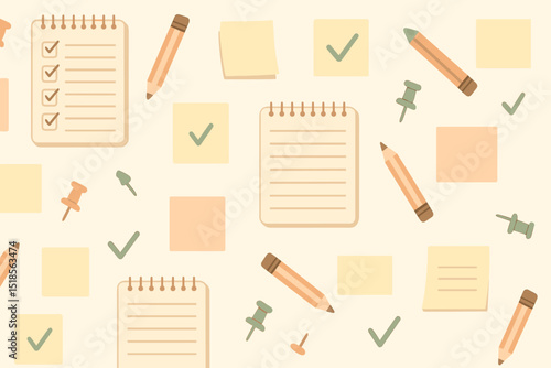 Colorful workspace with notepads, sticky notes, and office supplies arranged on a light background during daytime hours