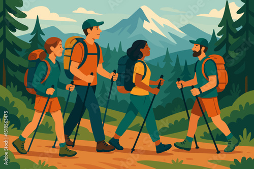Diverse group of hikers trekking through forest with snowy mountain view