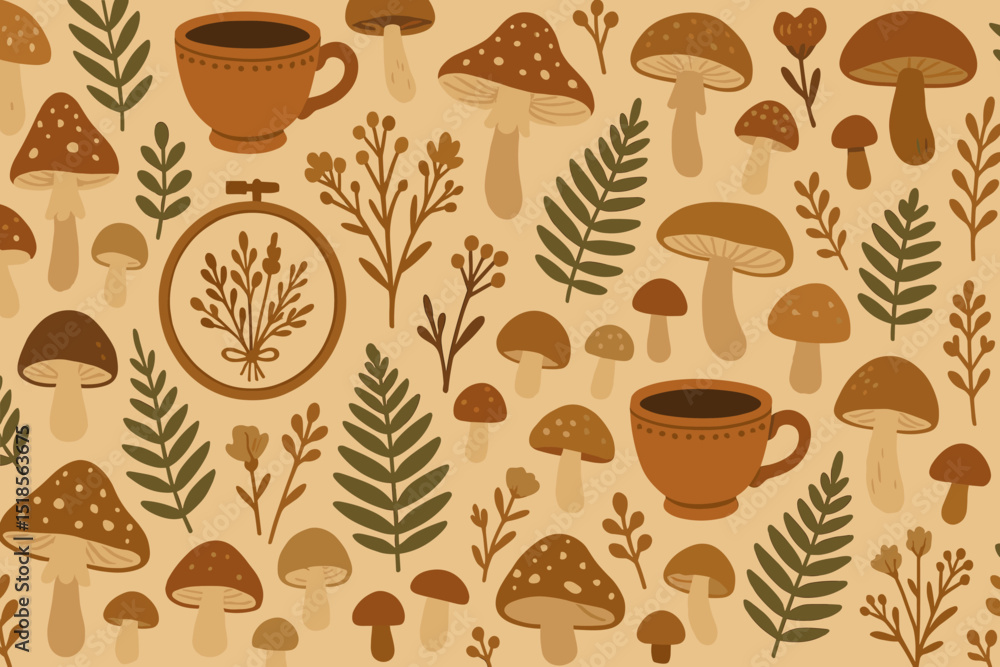 Obraz premium Beautiful illustration of mushrooms and foliage with coffee cups in a warm color palette