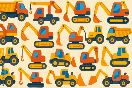 Construction vehicles in colorful designs showcasing heavy machinery and equipment on a light background