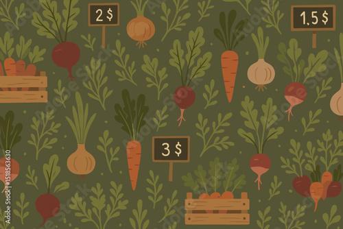 Fresh vegetables displayed on a dark green background with price tags indicating cost of produce at a market