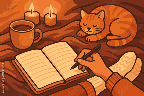 Cozy evening of writing with a sleeping cat and candles in a warm setting