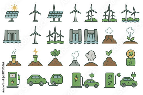 Renewable energy icons showcasing various sustainable sources in a colorful and engaging style for educational use