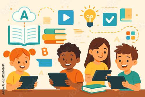 Smiling students learning with tablets in a digital classroom setting