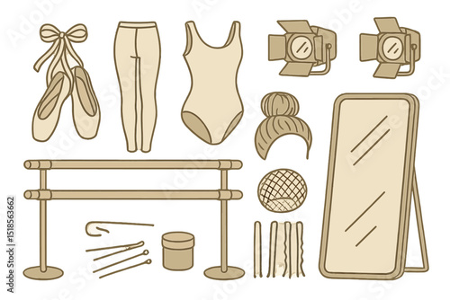 Dance studio equipment and attire essential for ballet practice in a rehearsal setting