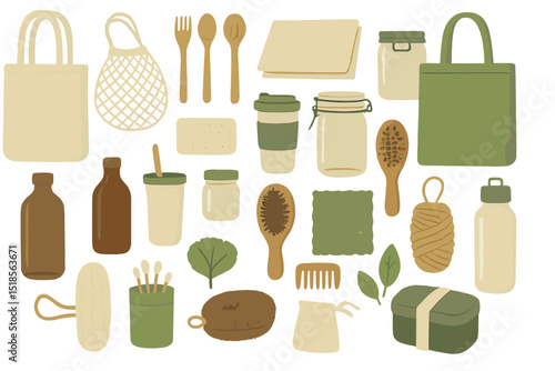 Collection of eco-friendly kitchen and personal care items in soft colors on a white background for a sustainable lifestyle