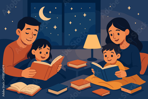 Family reading together at night while cozying up in a bedroom filled with books and a warm atmosphere