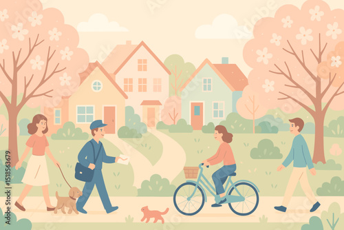 Families enjoy a sunny day in a suburban neighborhood with walking dogs and biking children