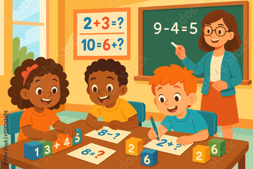 Children engaged in math learning activities with a teacher in a colorful classroom during the daytime