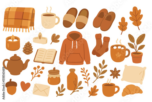 Cozy autumn illustration featuring fall elements like warm beverages, blankets, and comforting clothing