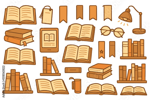 Collection of illustrated books, reading accessories, and a lamp ideal for book lovers and cozy reading environments