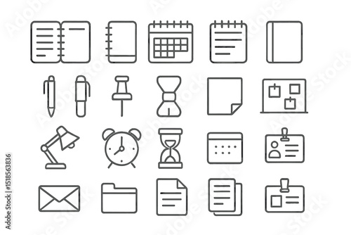 Collection of office supplies and stationery items arranged on a light background for organizational purposes and productivity enhancement