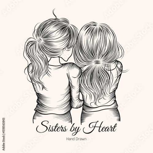 A beautiful hand-drawn artwork of two girls embracing from behind, symbolizing sisterhood and emotional bonding. Suitable for friendship, family, or heartfelt relationship concepts.