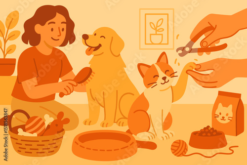 Pet grooming and care routine at home with a dog and cat enjoying their time together
