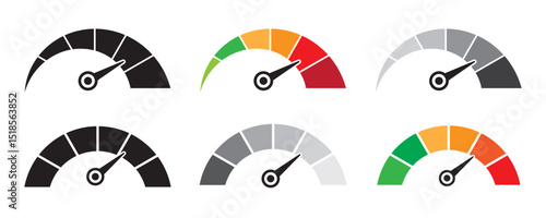 speedometer icon set .Speedometer speed vector icon set, gauge meter, dashboard elements for automotive, speed measurement. Vector set for car speed, fuel, RPM, tachometer. Black speed dials 