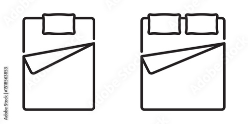 Single bed flat line icon. Double bed flat line icon. Bedding sign. Thin linear sign for interior store. 