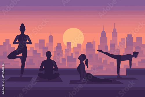 People practicing yoga at sunset on rooftop with city skyline view