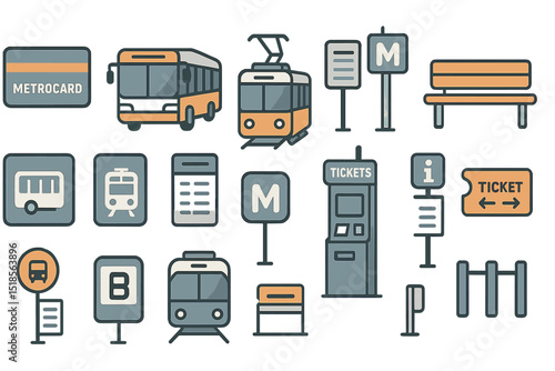 Urban transit and metro icon set with ticket and signage symbols