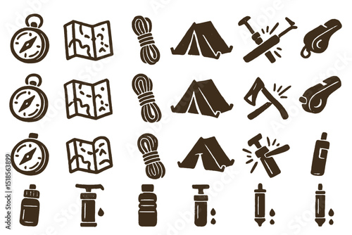 Exploring the essentials for outdoor adventures with maps, tents, and gear in a creative arrangement