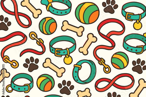 Pattern featuring colorful pet accessories including collars, leashes, balls, and bones on a light background