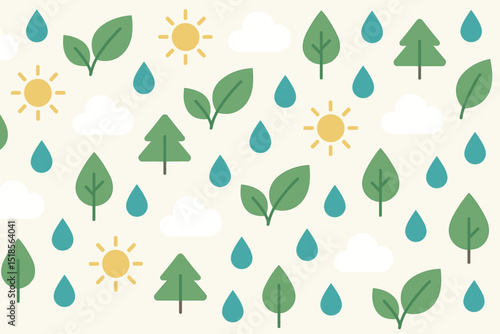 Seamless eco-friendly pattern with leaves, sun, clouds, and raindrops
