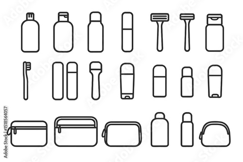 Minimalist toiletry and grooming icons with black outlines on gray background