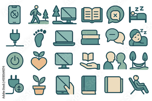 Icons representing digital detox, focusing on nature, relaxation, and offline activities in a harmonious lifestyle