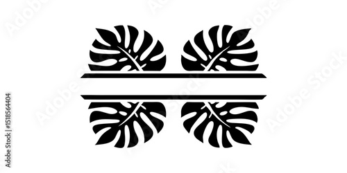 Minimalist tropical leaf divider design in black silhouette with four monstera leaf shapes, perfect for digital layouts or invitations