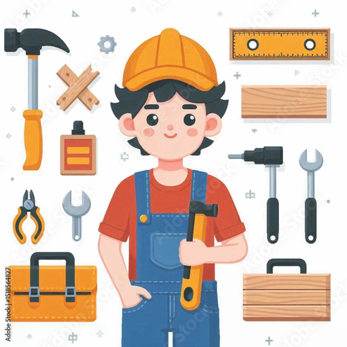 Cartoon builder surrounded by tools including hammer wrench and toolbox