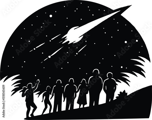Meteor Shower Night Silhouette | Stars Falling in Night Sky