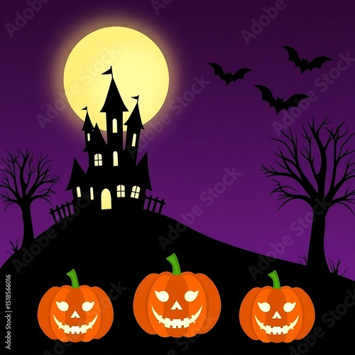 An Eerie Halloween Night With Smiling Pumpkins Under the Gleaming Light of the Full Moon Near Haunted Houses