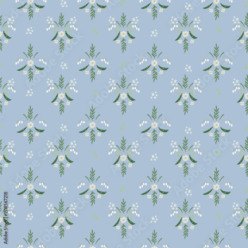 Seamless pattern with hand drawn meadow flowers. Floral Block Prints inspired by printmaking that uses wooden blocks to transfer repeating designs onto textiles.