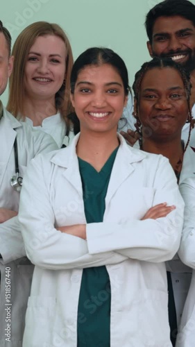 Vertical video. Medical team members confidently crossing arms, smiling, embodying collaborative healthcare spirit with united professionals. Group of diverse medical students 