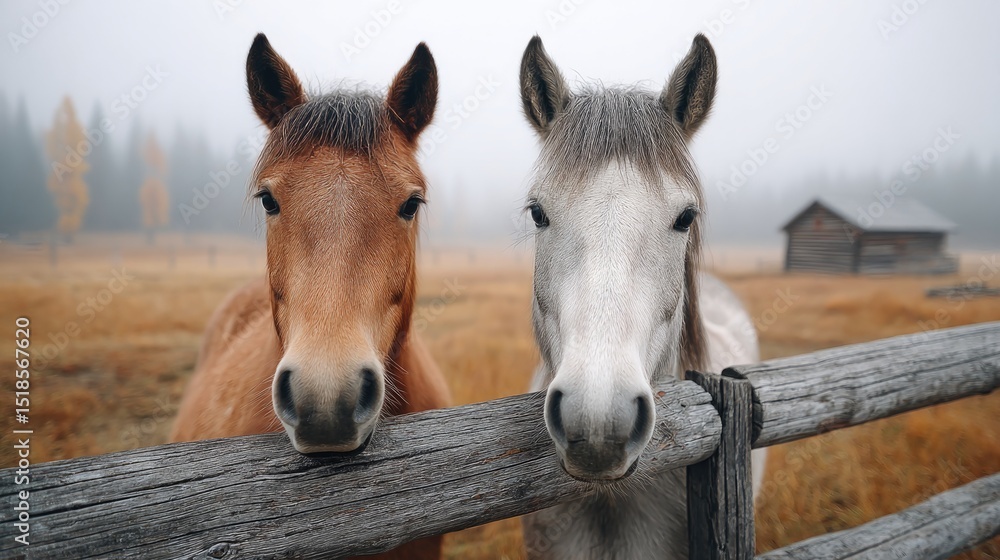 Naklejka premium Friendly Horses by Wooden Fence in Foggy Countryside