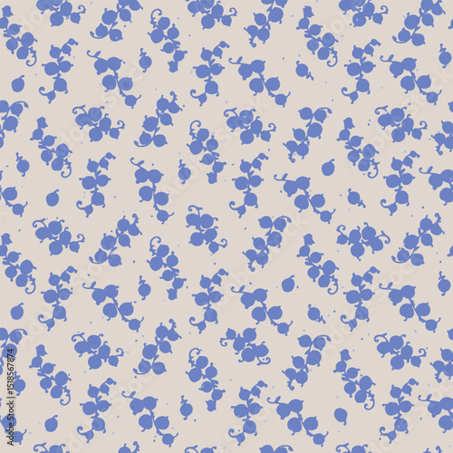Seamless pattern with hand drawn with stylized bunches of currants Block Prints inspired by printmaking that uses wooden blocks to transfer repeating designs onto textiles.
