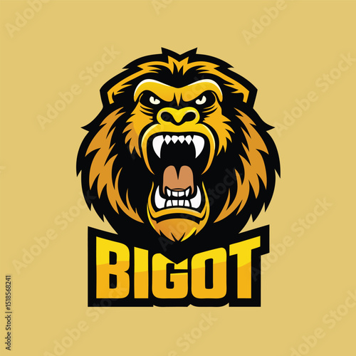 Aggressive Golden Gorilla Mascot Logo with the Word Bigot Displaying Sharp Teeth and a Furious Expression on a Light Golden Background This logo