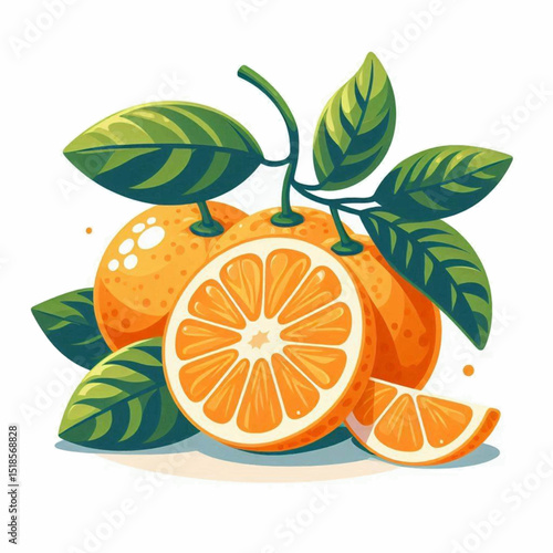 Cartoon oranges sliced  whole surrounded by leafy greens