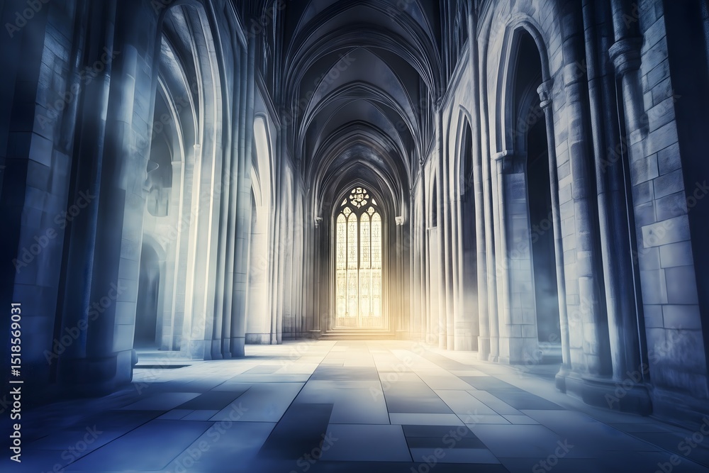 Fototapeta premium Majestic gothic hall of a fantasy cathedral with bright ethereal light streaming from a window
