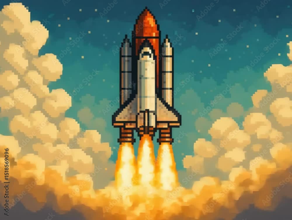 Retro Pixel Art Rocket Launch with Fiery Thrusters and Smoke Clouds in ...
