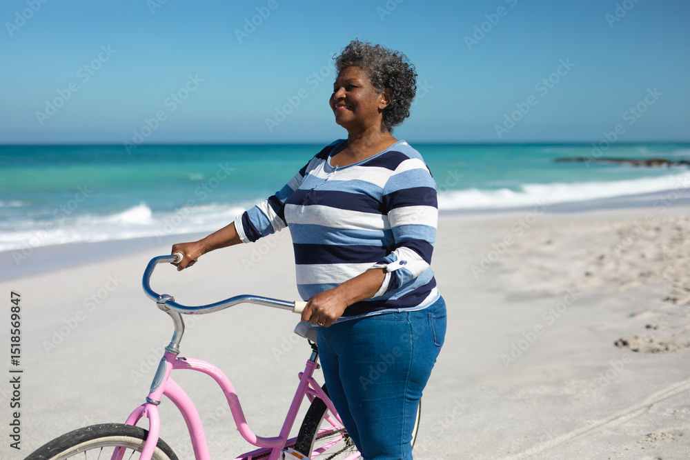 Naklejka premium Senior African American woman standing on sandy beach holding pink cruiser bicycle, copy space